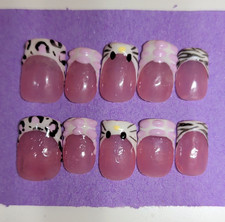 10 Piece Short Square Press-On Nails, Pink White Black 3D Shiny Animal, Handmade