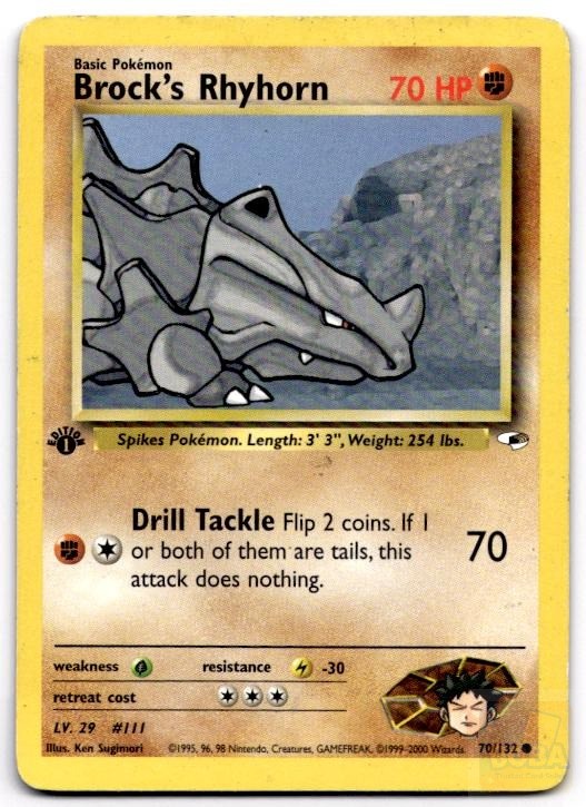 Brock's Rhyhorn 70/132 Common Gym Heroes Pokemon 1st Edition Heavily Played
