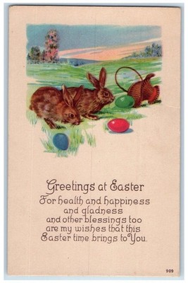 c1910's Easte Greetings Bunny Rabbit Basket Fells Egg Posted Antique Postcard