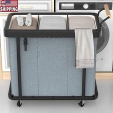 Stylish Rolling Laundry Hamper 3 Compartments Mobile Sorter W/ Wheeled Frame New