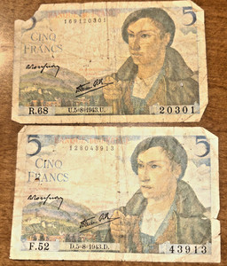 2 WWII BANQUE DE FRANCE 5 FRANC OLD FRANCE WAR CURRENCY BANKNOTE 1943 CIRCULATED