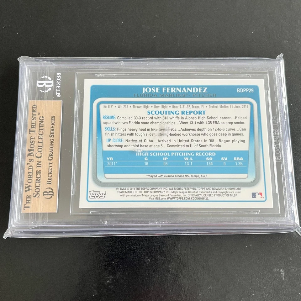 2011 Bowman Chrome Draft 1st #BDPP29 Jose Fernandez BGS 10 Pristine Marlins - Image 2 of 2