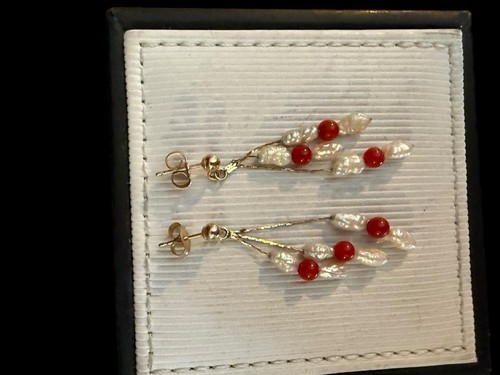 14K Yellow Gold Post Dangle Coral & Rice Pearl Earrings - Picture 13 of 16