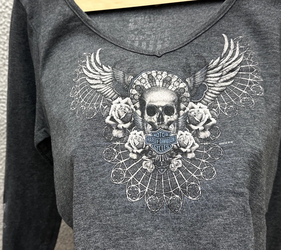 Винтажная женская футболка Harley Davidson M серая с длинным рукавом с v-образным вырезом графическая футболка - Изображение 4 из 4