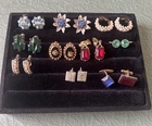 Vintage Costume Jewelry Lot 9 Pairs of Clip On Screw Back Earrings, 2 Cuff Links
