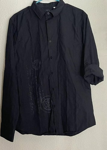 Guess Mens Dress Large Shirt Black Button Up roll-tab sleeves w/ graphic logo - Picture 5 of 6