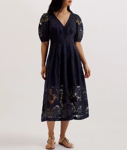 Women Ted Baker V-neck Lace Puff Sleeve A-line Midi Dress - Picture 16 of 26