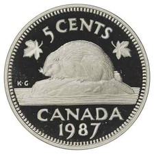 1987 CANADA 5 FIVE CENTS PROOF BEAVER NICKEL HEAVY CAMEO COIN