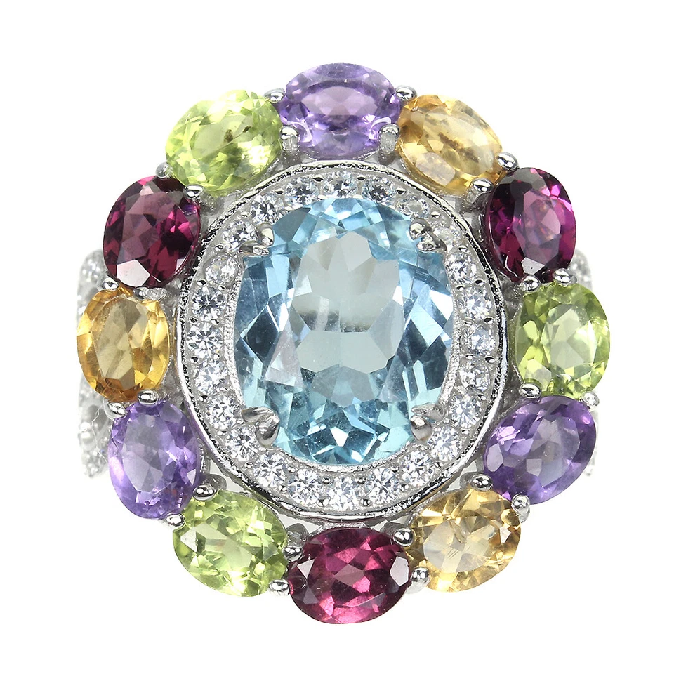 925 Sterling Silver Ring Oval Sky Blue Topaz 11x9mm Amethyst Ruby Gemstone Sz 9 - Image 2 of 4