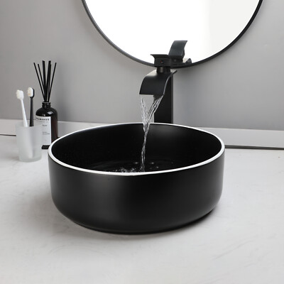 14'' Black Bathroom Vessel Sink Round Ceramic Basin Bowl Sinks Combo Faucet Drain