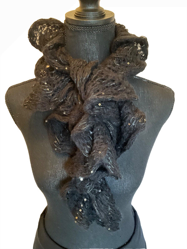 Ob.D.  Handmade, Hand Knit Black Sequined Rigoletto Ruffle Scarf
