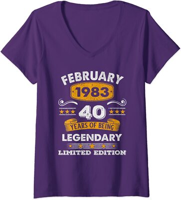 40 Years Old 40th Birthday Legend Since February 1983 Ladies' V-Neck Tshirt