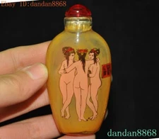 Ancient old Chinese glass Inside painting art people woman statue snuff bottle