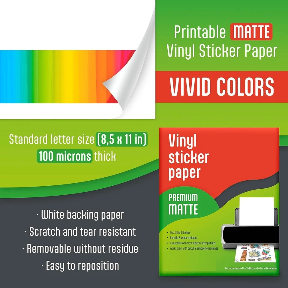 100 Matte 8.5"x11" Printable Vinyl Sticker Paper for Inkjet Laser Waterproof - Image 2 of 4