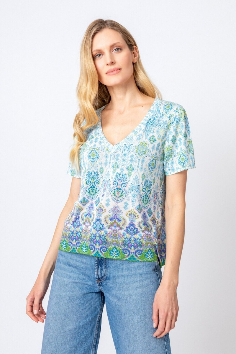 Pull Femme Ivko En Viscose - Imprimé Ornement Floral Rouge - Col V - Taille Normale