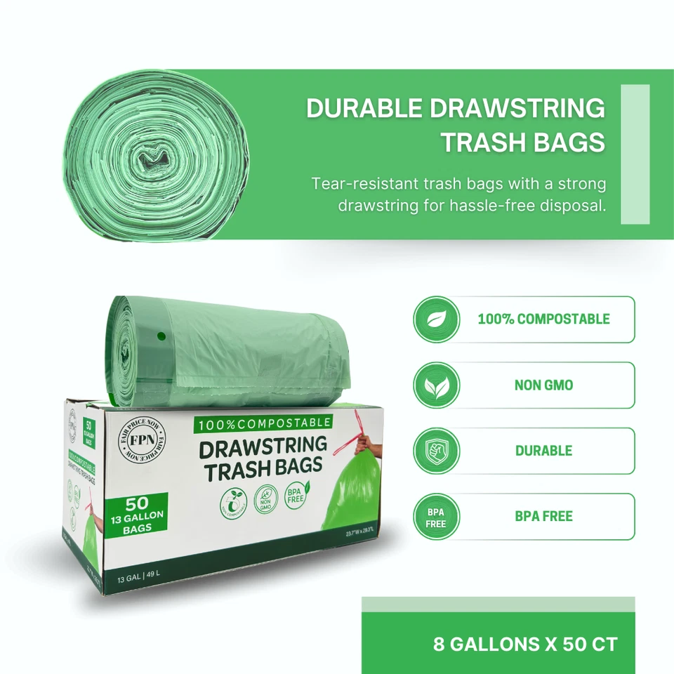 FPN Trash Bags 13 Gallon with Drawstring Durable & BPA Free Garbage Bags 50/Pack - Image 3 of 4