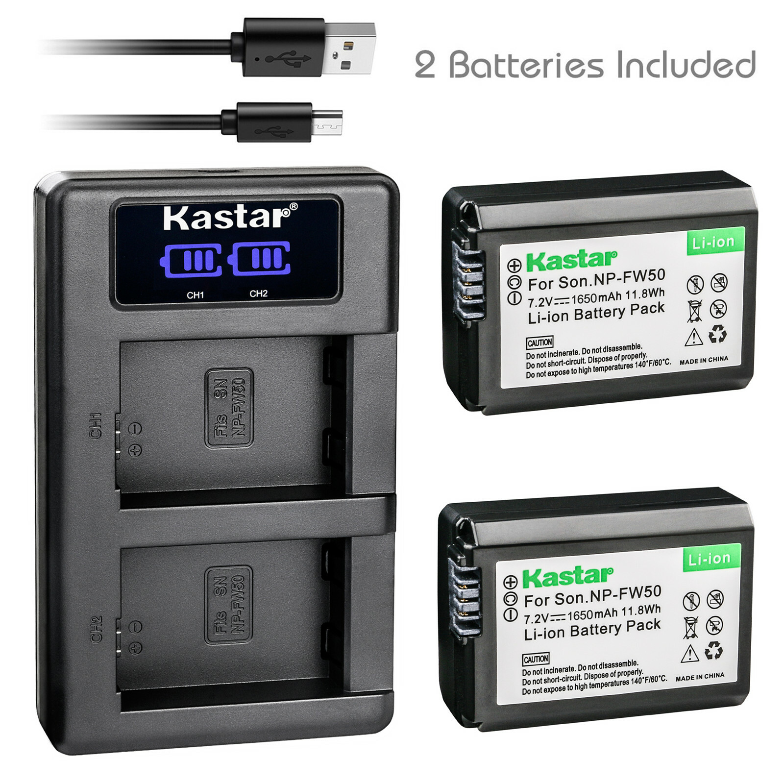 Kastar 2 NP-FW50 Battery LCD USB Dual Charger For Sony A6000 A3000 A5000 A6300