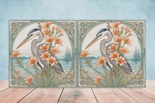 Art Nouveau Heron Bird Ceramic tiles - Set of 2 Art Nouveau Wall Decor Tiles