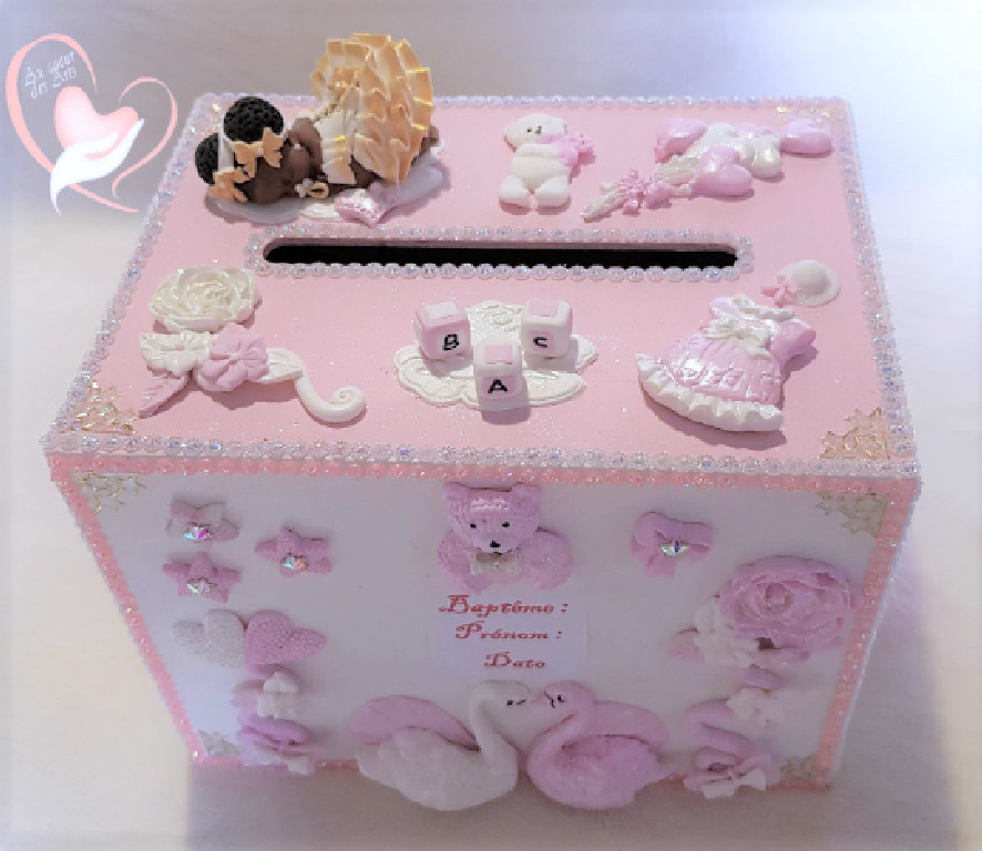 Urne baptême bébé fimo fille peau matte tirelire personnalisée or blanc