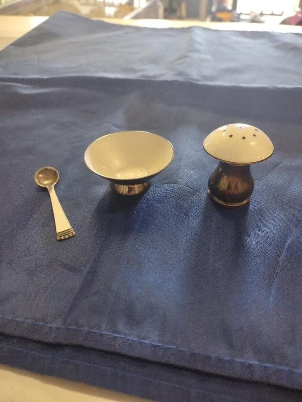 VINTAGE AUTHENTIC SIGNED ELA DANISH STERLING SILVER & ENAMEL SALT SPOON & PEPPER