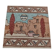 Earthtones VTG 1990 Native American Enamel Ceramic Tile Wall Hanging Trivet