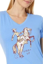 NWT Women's Life is Good Giddy Up Horse Cowgirl Blue SS Crusher LITE Vee