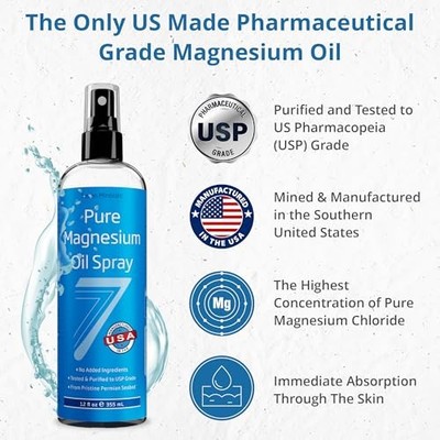 Seven Minerals Pure Magnesium Oil Spray, Big 12oz, USP Grade, Extra Strength, 