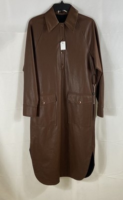 Tibi Women's Brown Faux Leather Long Sleeve Button Front Shirt Dress Sz 2 NWT
