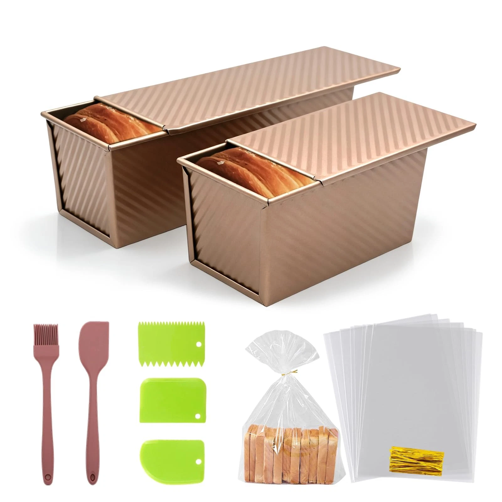 2 Pack Pullman Loaf Pan with Lid - 2.2LB & 1LB Dough Capacity, Non-Stick Brea...