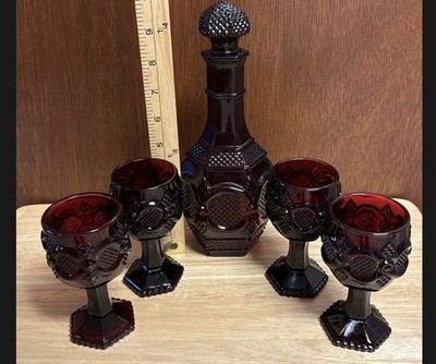 Vintage Avon '1876 Cape Cod' Ruby Red Wine Decanter Wine Cordial Goblets