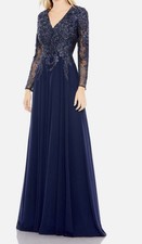 Mac Duggal Women's Blue Embroidered Illusion Long Sleeve V Neck Gown Size 2