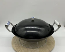Black Carbon Steel Wok Set with Blue Dragon Ceramic Handles Lid Stand Round Tray