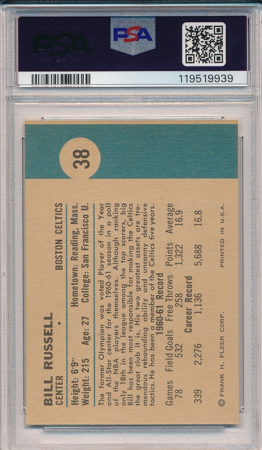 1961 FLEER #38 BILL RUSSELL - PSA 5 EX (SVSC) FRESHLY GRADED! view 2