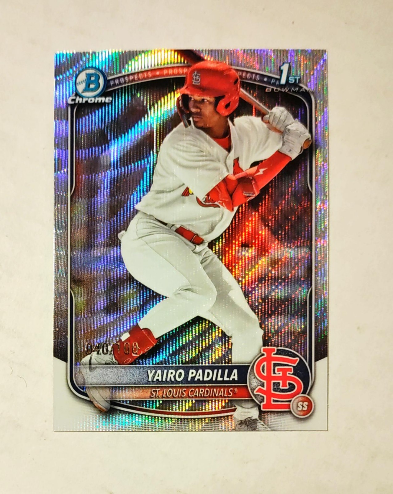 Yairo Padilla 2025 1st Bowman Chrome WAVE REFRACTOR 040/100 Cardinals Raw RC z6