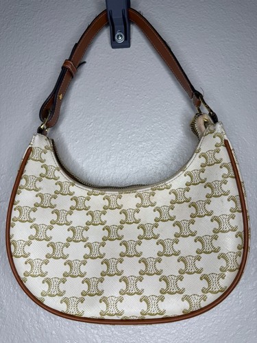 Celine Ava Triomphe Shoulder Bag White Coated Canvas with Tan Leather Trim