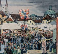 Igo Pötsch, Klosterneuburg, Kirtag, clown, litografia firmata, anni '30