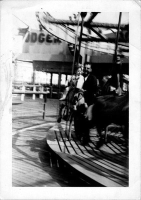 Vintage 1950s B&W Photograph Man Child Carousel Ride Amusement Park DODGER