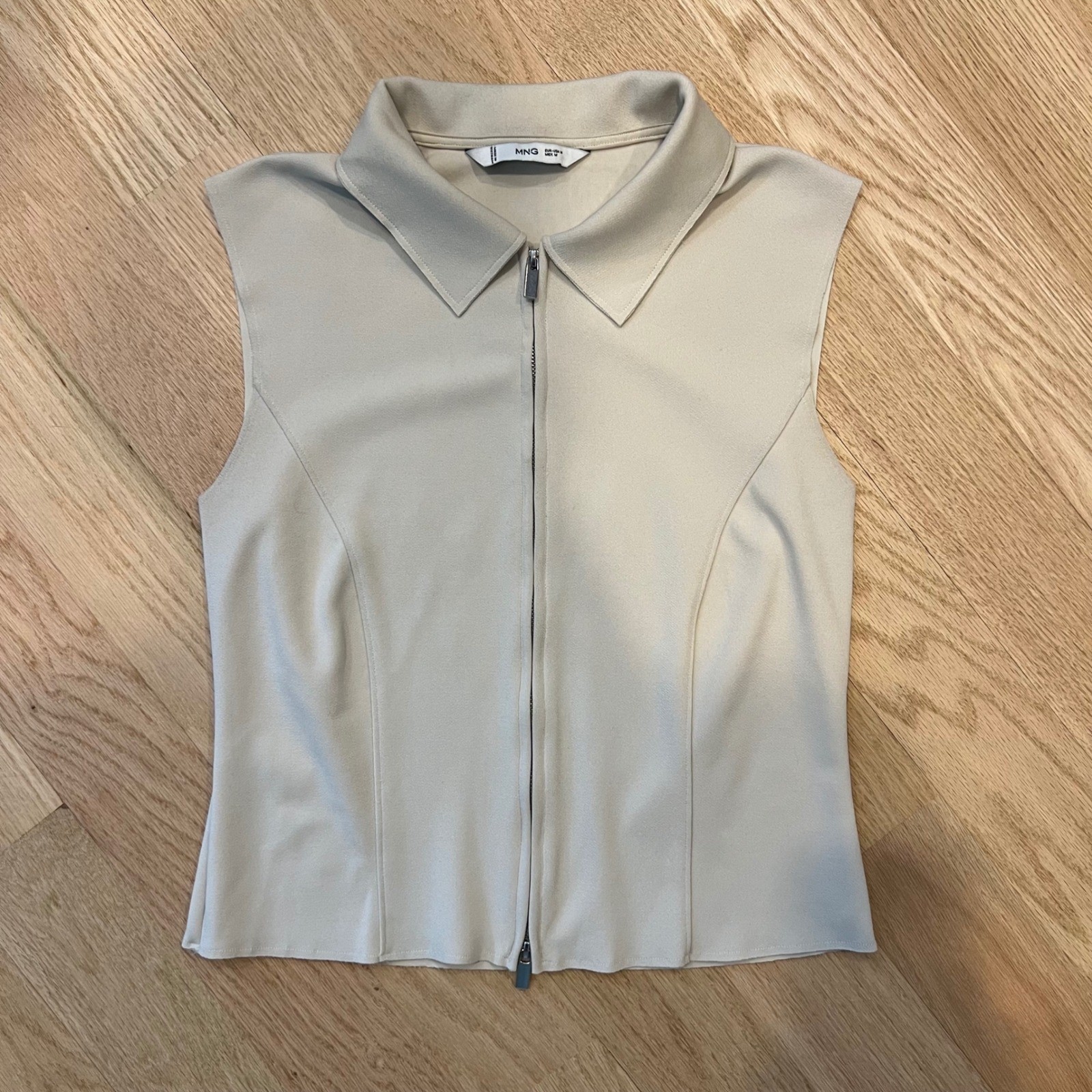 Mango MNG Beige Full Zip Sleeveless Collared Top Women's Size M Neutral Crepe