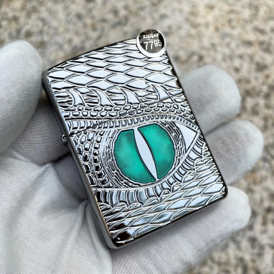 Zippo Armour Lighter Green Enameled Dragon Eye Carved Polished Chrome Design - image 1 of 4