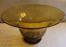 VTG MURANO Style Large Gold Amber Crackle Glass Bowl Wide Rim Hand Blown 