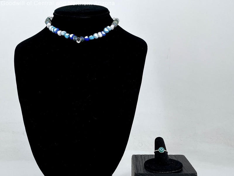 925 Silver Nazar Eye Glass Ring & Beaded Bracelet w/Clear Quartz & More 23.30g