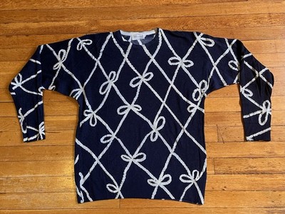 VINTAGE Blumarine Bow Knot All Over Print Wool Sweater Women s L Blue Italy