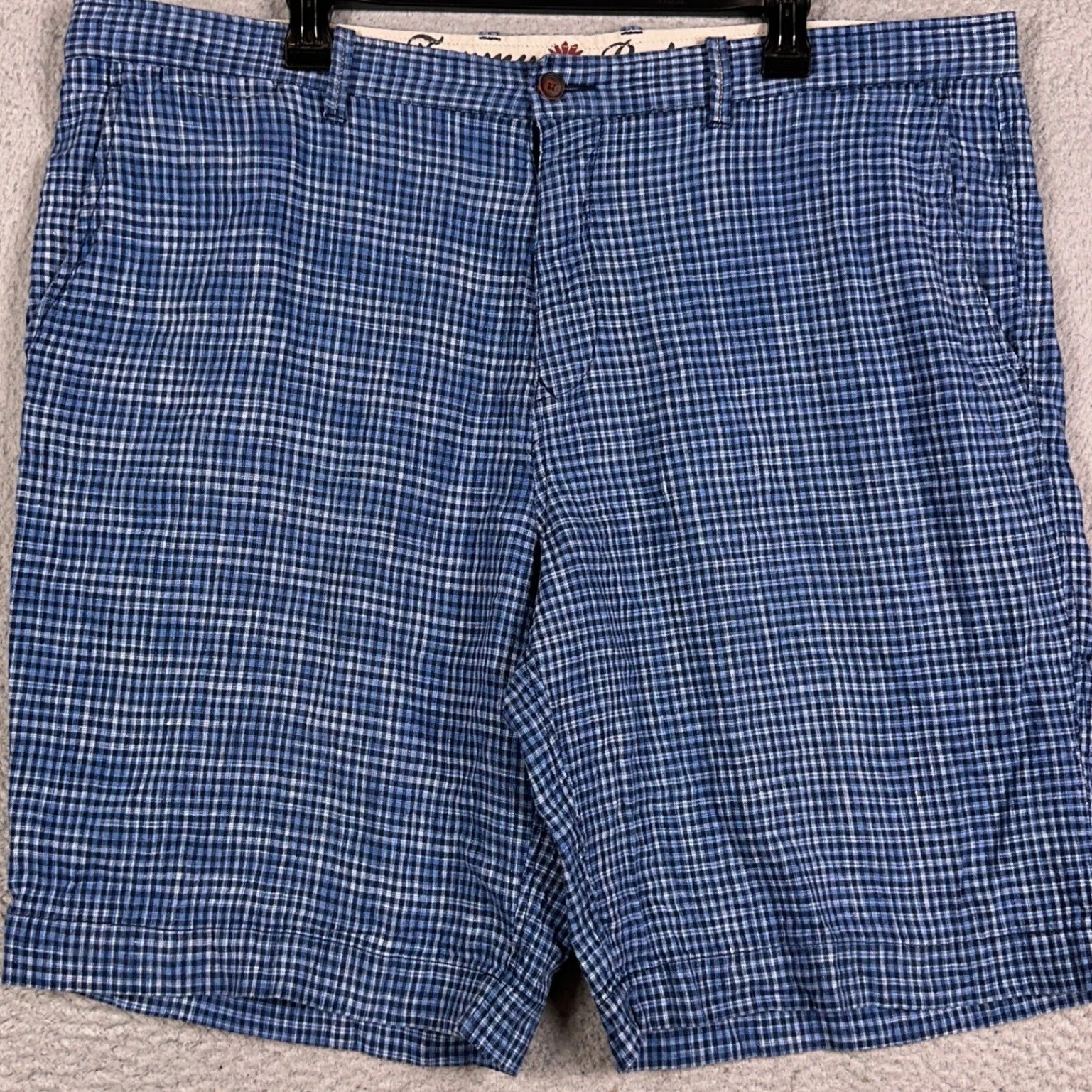 Tommy Bahama Silk Linen Blend Shorts Mens 40 Blue Check Casual Chino Flat Front