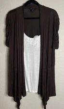 I.N. Studio Womens 2X Brown White Embellished Floral Cardigan Top Beach Cottage