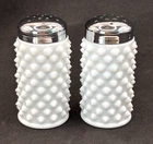 Vintage FENTON Hobnail Milk Glass SALT & PEPPER Shakers, Chrome Lids, 3"