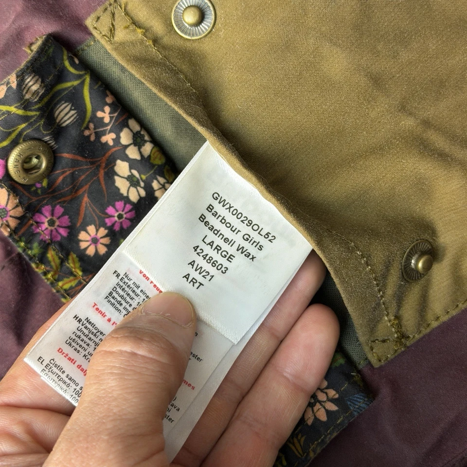 Barbour Beadnell Wax Jacket Girls Kids Size Large 10-11 Floral Corduroy Collar - Image 2 of 4