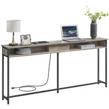 70.9-Inch Console Table with Outlet and Shelves, Sofa Table with Charging Sta...