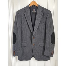 Austin Reed Pure Virgin Wool Herringbone Blazer Sport Coat Elbow Patch Gray 42R