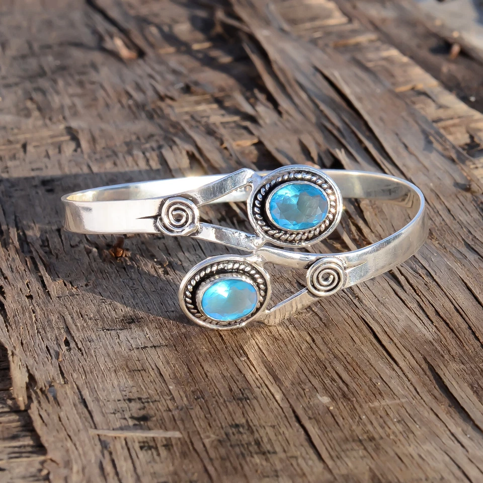 Schweizer Blautopas Edelstein Armband 925 Sterling Silber Manschette Armreif ... - Bild 3 von 4