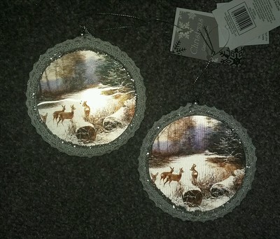 Schönes 2er Set Winter Hirsch 3D Szene glitzernder Christbaumschmuck NEU 